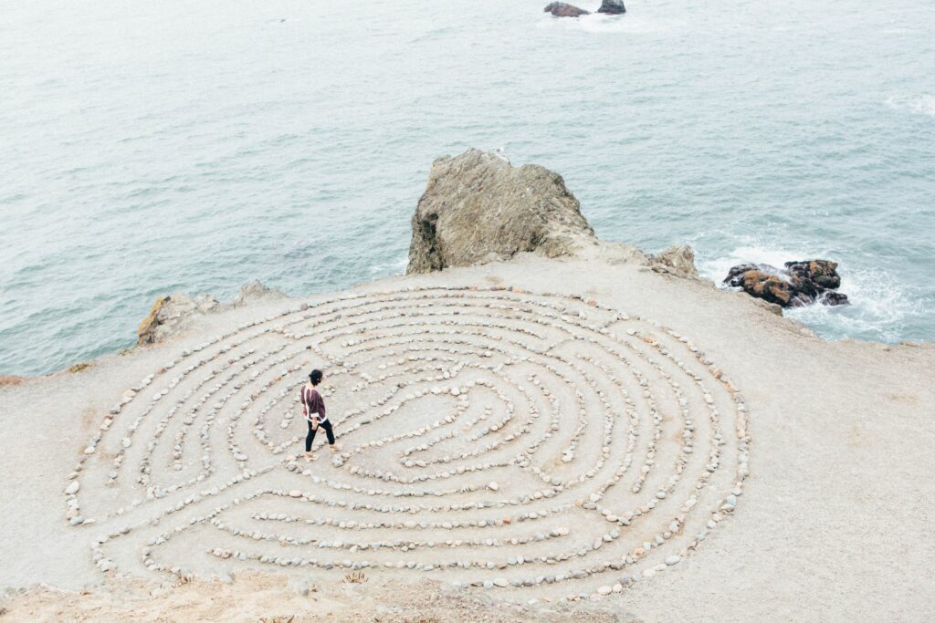 walking a labyrinth by the coast